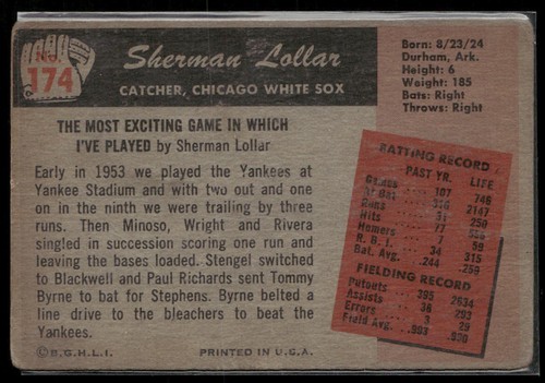 1955 Bowman Sherm Lollar #174 Chicago White Sox Poor/VG *READ* - Picture 2 of 2