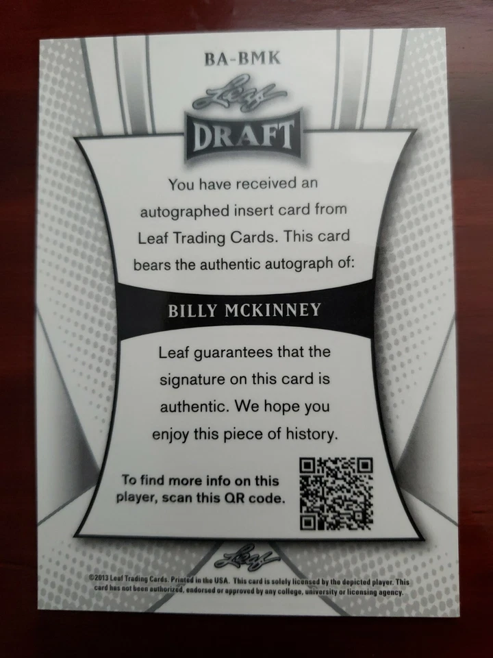 BILLY McKINNEY 2013 LEAF DRAFT 1 OF 1 2016 HOLIDAY BONUS - Image 3 of 3