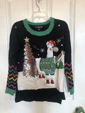 33 Degrees Womens 3D Fuzzy Llama Ugly Black Christmas Sweater Sz S Sequins,Jewel