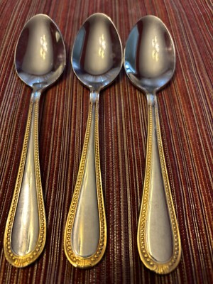 3 Reed and Barton KENDRICK GOLD Beaded Stainless Flatware Teaspoon Spoons 6 3/8''
