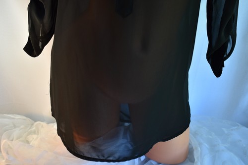 MAURICE (S) Blouse BLACK Polyester Chiffon Pocket Henley Neckline Smocked Yoke - Picture 3 of 9