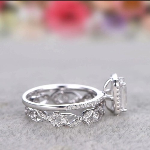 1.75Ct White Emerald Simulated Diamond Beautiful Engagement 925 Silver Ring Set - Picture 4 of 4