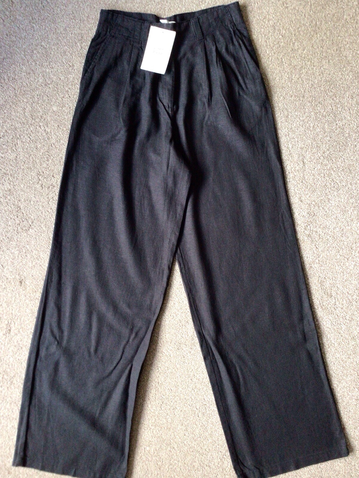 HM PLAIN BLACK VISCOSE LINEN WIDE LEG TROUSERS SIZE 6 NEW-image