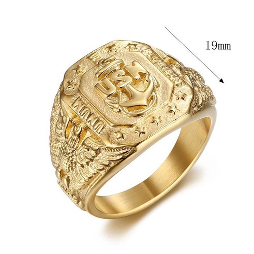Mens USN US Navy Nautical Anchor Eagle Ring Stainless Steel plated gold - Picture 2 of 9