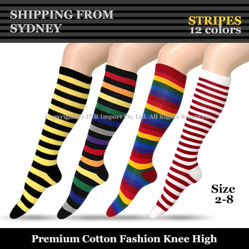 Premium Cotton Stripe Knee High Socks - Girls Ladies Cheerleader Womens Size 2-8 - Picture 1 of 33