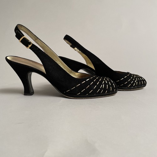 Bruno Magli Vintage Back Gold Suede Peep Toe Shoes 8 - Picture 12 of 12