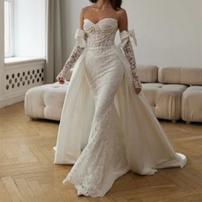 Strapless Wedding Dress Elegant Detachable Sleeves Lace-Up Bow Train Bride Gown