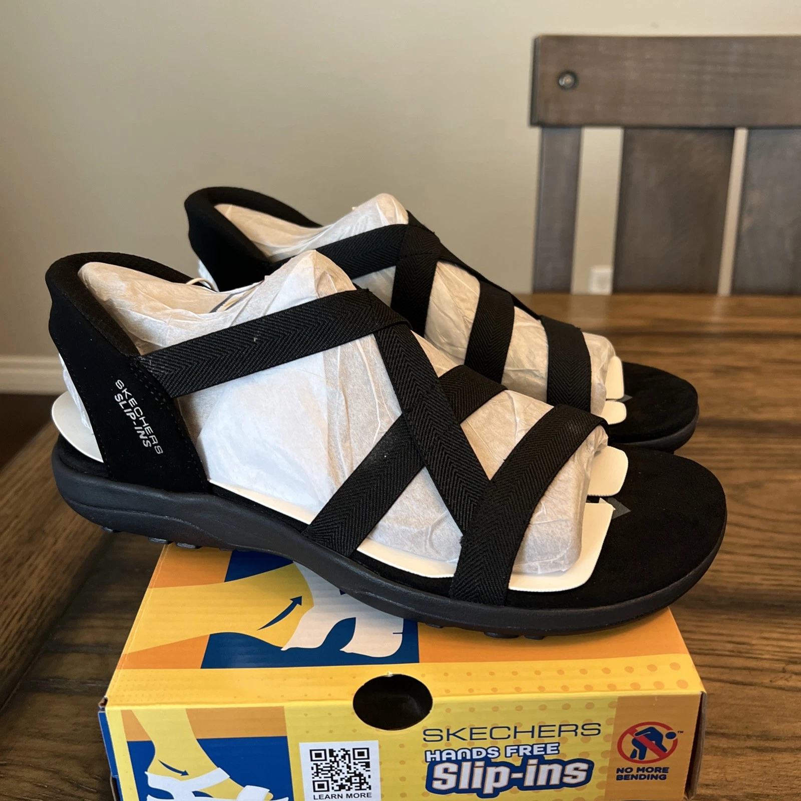 Skechers 163460 Women Reggae Slim Stretch BLACK Flex Slip-ins Sandals Sz.11..R18