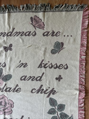 Tapestry Blanket “Grandmas Are Hugs Kisses Choc Chip Cookies’ Roses Fringe 55x48 - Picture 3 of 8