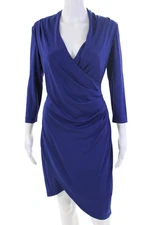 Nicole Miller Collection Womens Ruched V Neck Long Sleeves Dress Blue Size 8