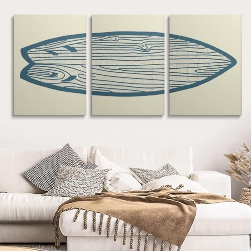 Framed Surfboard Poster Wall Art 3 Pieces Blue Watercolor Line Surfboard - Picture 7 of 7