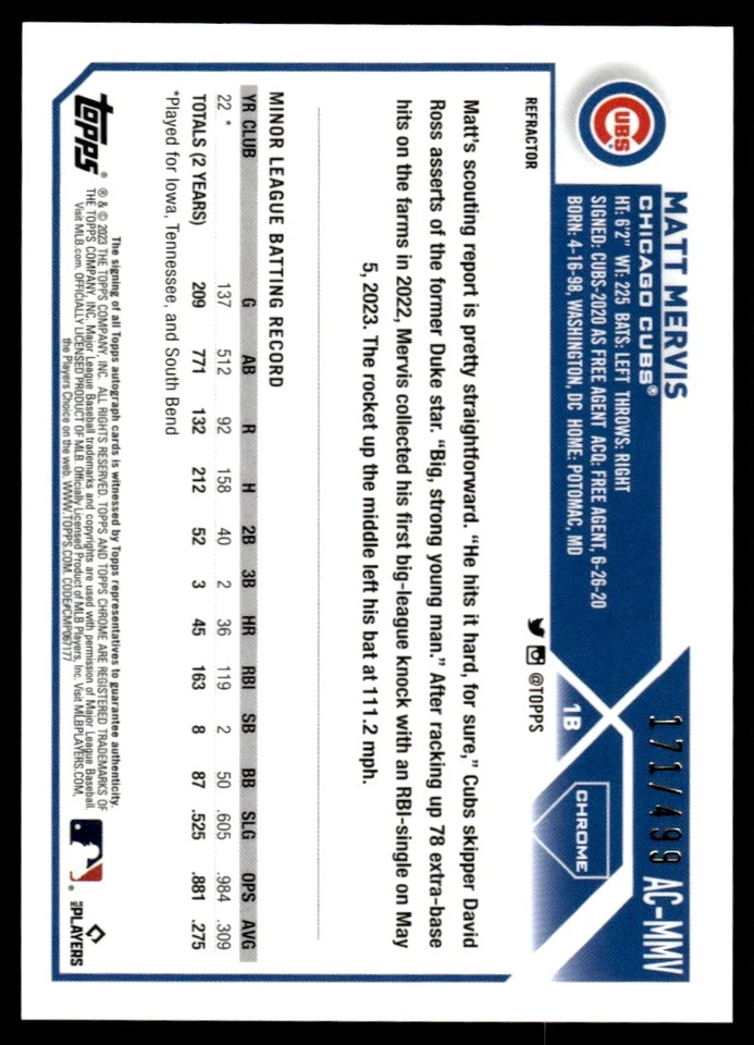 2023 Topps Chrome AUTO Matt Mervis Rookie Chicago Cubs #84 - Image 2 of 2