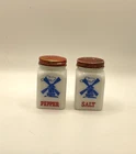 VTG unmarked promo Milk White Glass Dutch Windmills Salt & Pepper Shaker Set