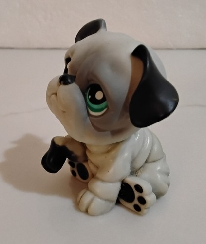 Authentische Littlest Pet Shop LPS BULLDOGGE #446 grau, erhabene Pfote, grüne Punkte Augen - Bild 2 von 4