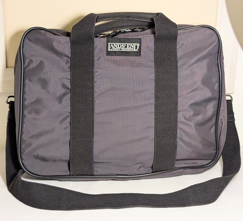 Vintage Lands End Travel Luggage Weekender Laptop Messenger Bag Gray Brown EUC