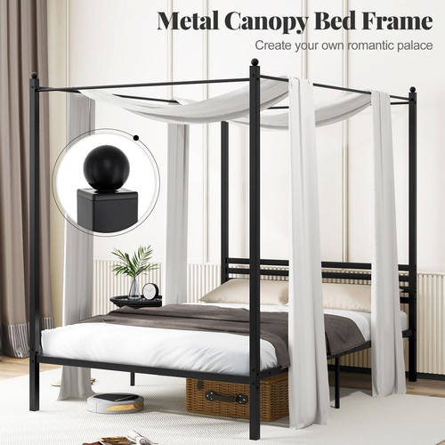 Costway Double Size Canopy Bed Frame 4-Poster Metal Platform Bed-Black - Picture 7 of 10