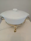 Vintage  Fire King # 417 Milk Glass  Covered Dish &  3 Leg Gold Warmer Stand