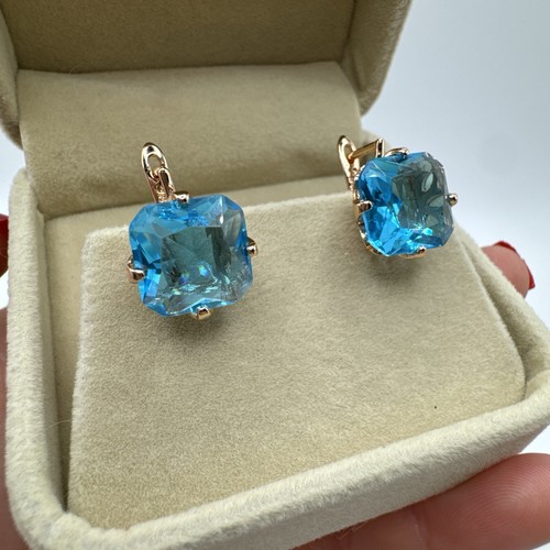 Pendientes colgantes de pasta azul aguamarina oro laminado de 14 quilates unidos con sello 585RG - Imagen 5 de 6