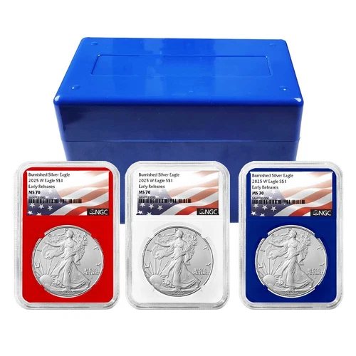 2025-W Burnished $1 American Silver Eagle 3pc Set NGC MS70 ER Flag Label Red ...