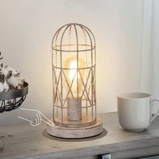 Small Table Lamp, Touch Control Table Lamp with Brushed White Oak Cage, Farmh...