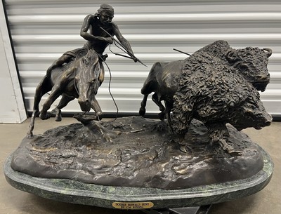 Double Buffalo Hunt - Bronze sculpture by CM Russell