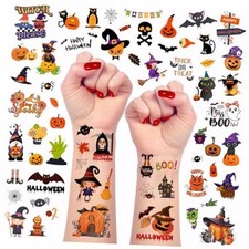 12 Sheets Halloween Temporary Tattoos Cartoon Witch Pumpkin Bat Ghost Spider