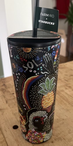 Farm Rio + Starbucks Tumbler summer 2025 black rainbow 24 oz cup NWT