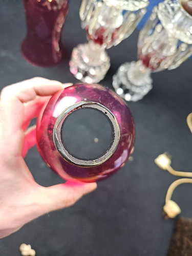Pair VINTAGE Red Cranberry Hurricane Table Lamps Etched Globes Prisms Elegant - Picture 9 of 11