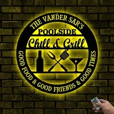 Poolside Chill and Grill Metal Sign With Led Lights, Pool Signs For Outdoor