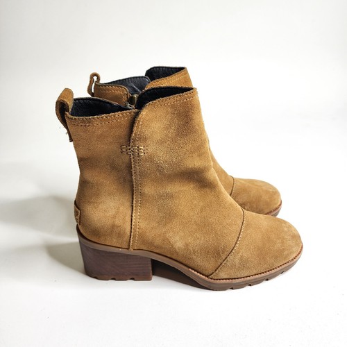 Sorel Cate Waterproof Suede Block Heel Bootie Side Zip Size 7 Camel Brown - Picture 2 of 9
