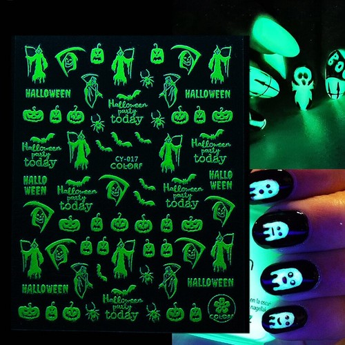 Luminous Halloween Nail Decal Sticker Pumpking Skull Vampire Evil Spider Witch - Picture 10 of 11