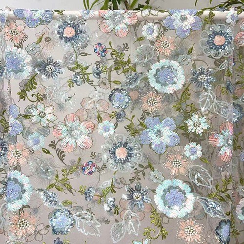 Vestido de tul de encaje con cuentas de flores bordado tela hágalo usted mismo costuras - Imagen 9 de 16
