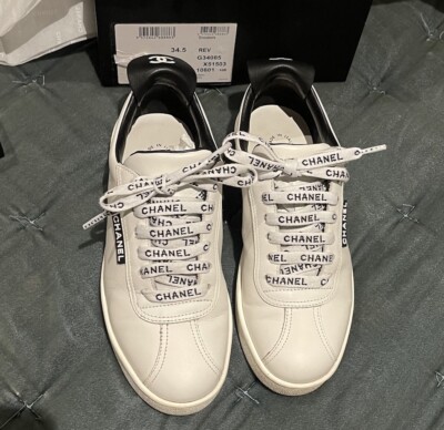 Chanel Logo Pull Tab Lace-up Sneakers White Black Size