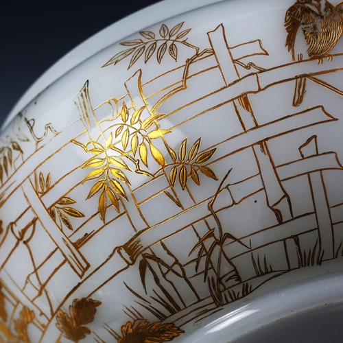 12"D Antique French Baccarat white opaline crystal glass Bowl cut birds floral - Picture 7 of 10