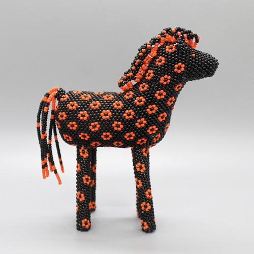 NATIVE AMERICAN BEADWORK-ORANGE & BLACK BEADED HORSE by RONDA DOSEDO-ZUNI - Picture 2 of 5