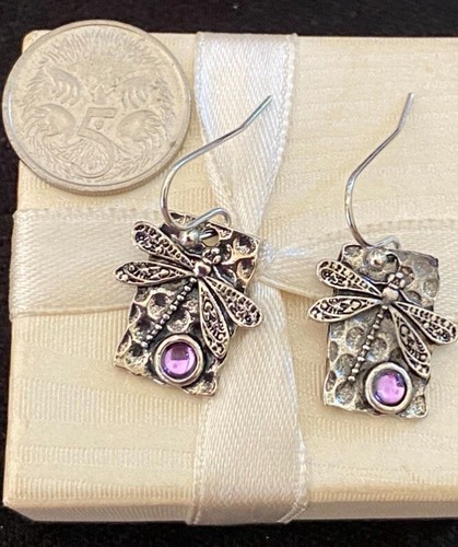 Silver Tone Pink Purple Crystal Dragonfly Drop Dangle Earrings Fun Fashion Cute - Picture 3 of 8