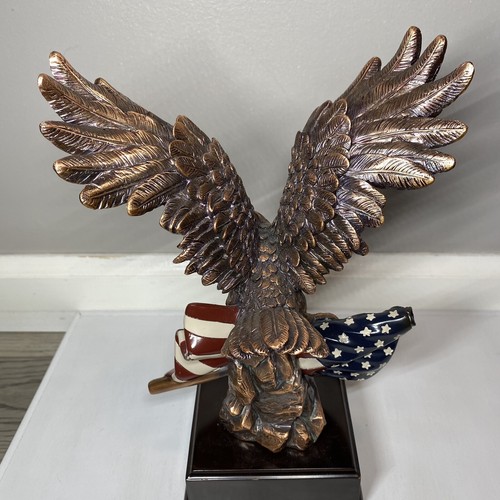 Bronzed Resin Bald Eagle & American Flag 10” Figurine Sculpture w/ Wooden Base - Picture 12 of 20