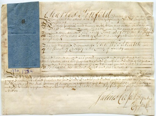 1734 PARCHMENT DOCUMENT 5s REVENUE STAMP DUTY SIGNED JULIUS CASAR re C.PINFOLD - Picture 1 of 2