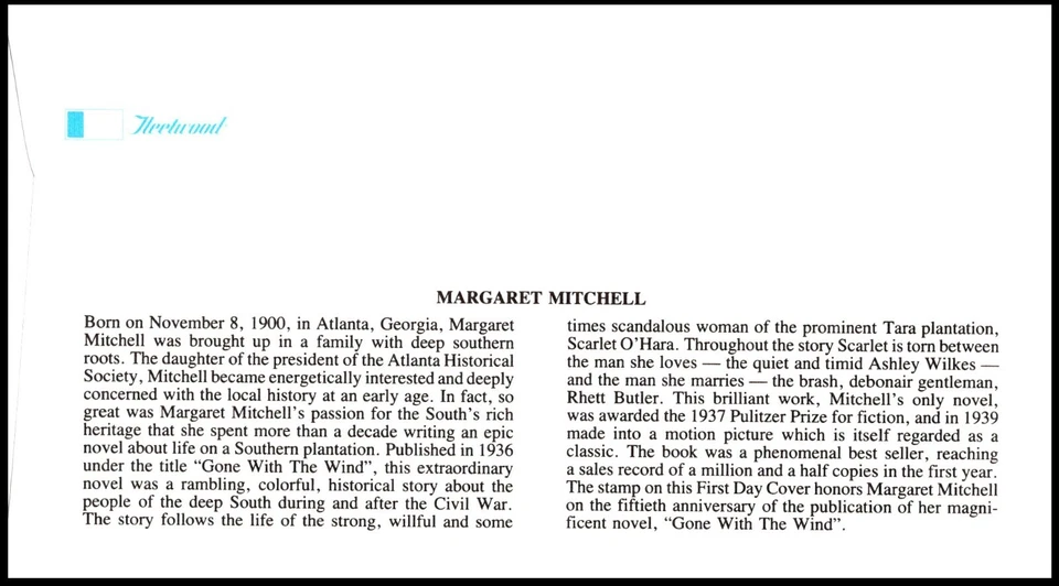 2168 Margaret Mitchell FDC, Fleetwood Cachet, Gone with the Wind, EC, NA - Image 4 of 4