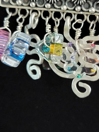 Vintage Brooch with Dangling Lamp work w silver charms, Sterling Silver 2.25 in - Picture 2 of 3