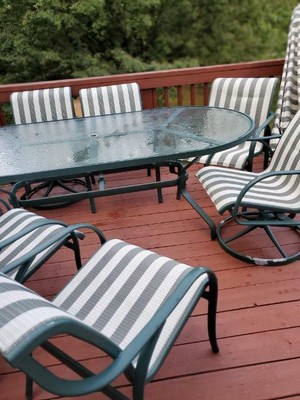 Tropitone Made U S Patio Set 6 Chairs Umbrella Green White Stipe Tropitone Made U S Patio Set 6 Chairs, Patio Table With 6 Chairs And Umbrella