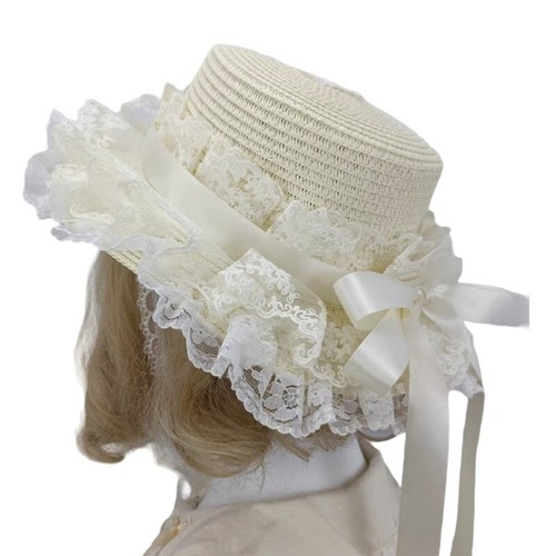 Women Victorian Bonnet Hat Lace Ribbon Bowknot Straw Hat for Teaparty Costume - Picture 9 of 24
