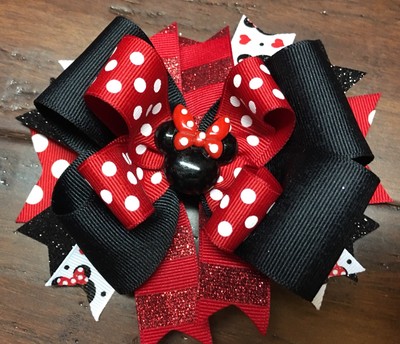 Minnie Mouse Disney Stacked Boutique Hair Bow Red Dots Black Glitter