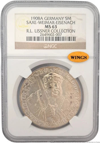 NGC MS 63 1908A Gemany Saxe-Weimar-Eisenach Ernst 5 Mark Silver 38mm Coin