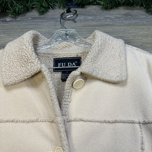 FUDA Coat Size Large Sherpa Line Pea Coat Warm, Cozy, Tan / Beige Button Close - Picture 6 of 15