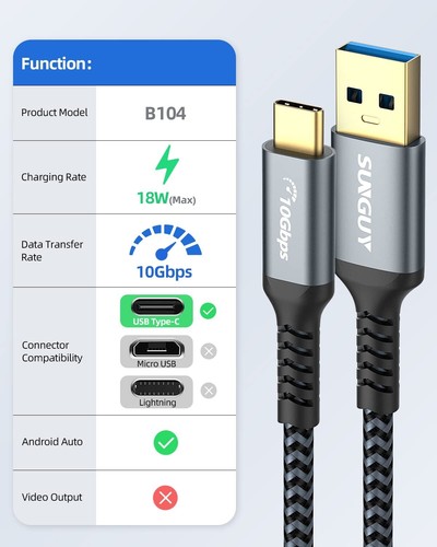 SUNGUY Câble USB C 3.1 Gen 2 5 pieds charge rapide Android Auto CarPlay 10 Gbps - Photo 7 sur 7