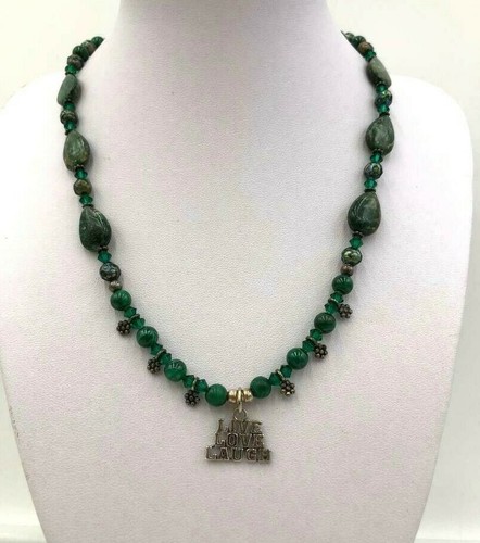 925 Sterling Silver Green Malachite Quartz LIVE LOVE LAUGH Beaded Necklace 17" L - Picture 3 of 8
