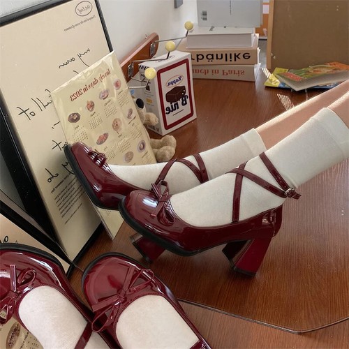 Red Mary Jane Pumps Thick High Heels Shoes Lolita Shoes Party Leather Woman Shoe - Bild 13 von 26