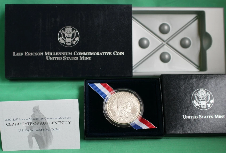 2000 P Leif Ericson Uncirculated Silver Coin Commemorative BU $1 with Box + COA - Image 4 of 4
