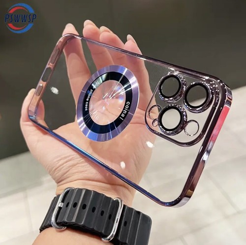 For iPhone 15 Pro Max Magsafe Case Luxury Magnet Plating Acrylic Transparent PC - Picture 10 of 17